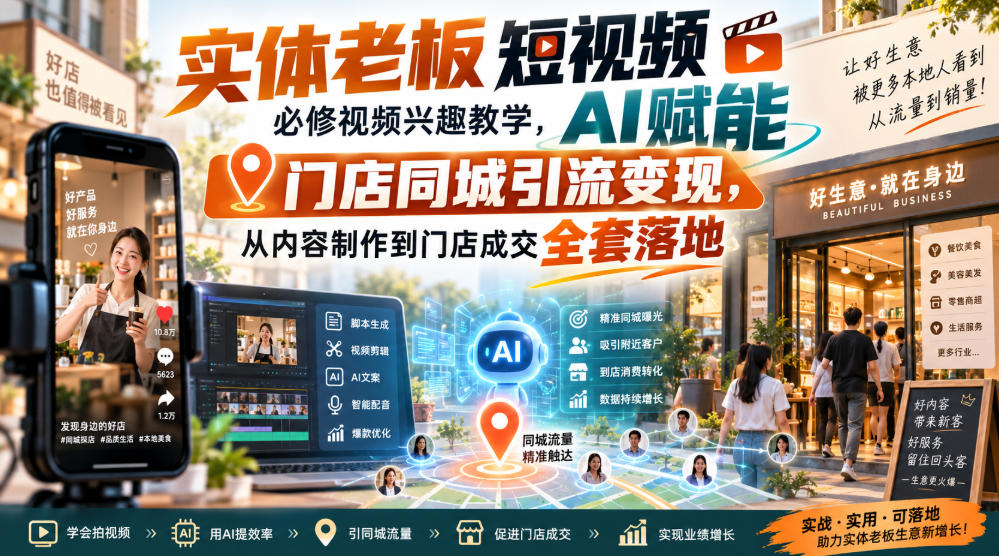 实体老板短视频必修视频兴趣教学,AI赋能门店同城引流变现,AI+短视频+直播打爆实体客流量-副业网
