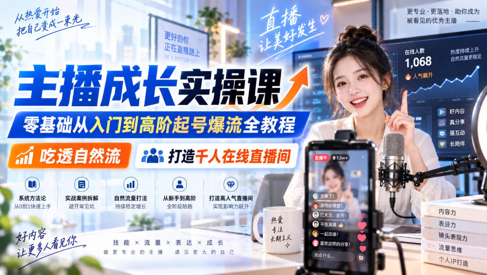 主播成长实操课|零基础从入门到高阶起号爆流全教程,吃透自然流,打造千人在线直播间-副业网