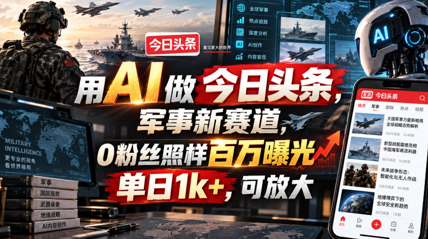 用AI做今日头条,军事新赛道,0粉丝照样百万曝光,单日1k+,可放大-副业网