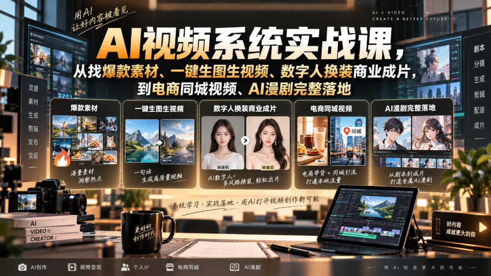 AI视频系统实战课,从找爆款素材、一键生图生视频、数字人换装商业成片,到电商同城视频、AI漫剧完整落地-副业网