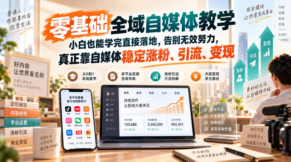 零基础全域自媒体教学,小白也能学完直接落地,告别无效努力,真正靠自媒体稳定涨粉、引流、变现-副业网