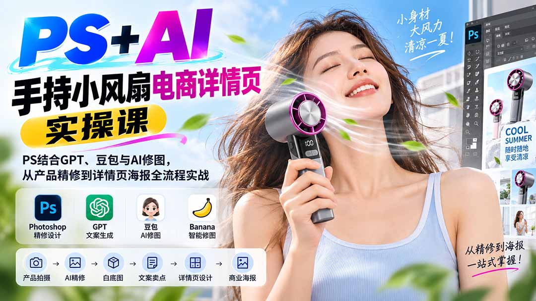 图片[2]-PS+AI手持小风扇电商详情页实操课：PS结合GPT、豆包与AI修图，从产品精修到详情页海报全流程实战-副业网