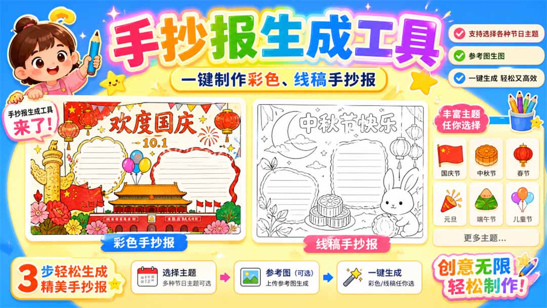 手抄报批量生成工具来了,完全免费,告别豆包生图,这个高清无水印-副业网