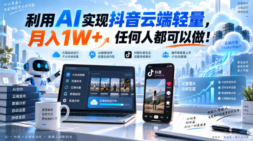 利用AI实现抖音云端轻量,月入1W+,任何人都可以做!【揭秘】-副业网