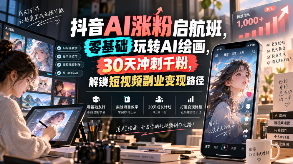 抖音AI涨粉启航班,零基础玩转AI绘画,30天冲刺千粉,解锁短视频副业变现路径-副业网