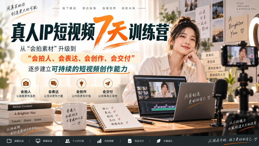 真人IP短视频7天训练营,从“会拍素材”升级到“会拍人、会表达、会创作、会交付”,逐步建立可持续的短视频创作能力-副业网