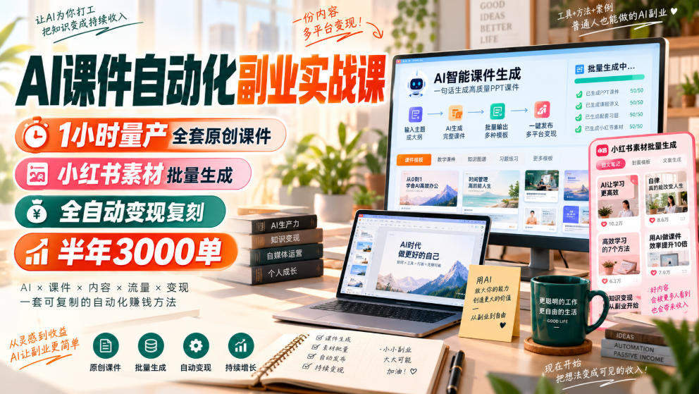 AI课件自动化副业实战课,1小时量产全套原创课件,小红书素材批量生成,全自动变现复刻,半年3000单-副业网
