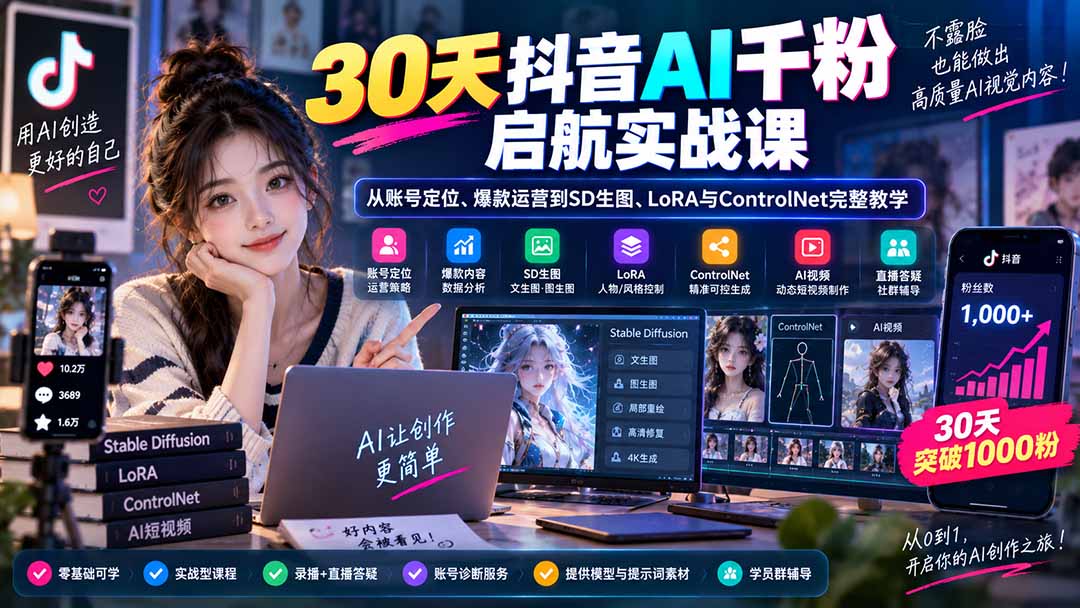 图片[2]-30天抖音AI千粉启航实战课：从账号定位、爆款运营到SD生图、LoRA与ControlNet完整教学-副业网