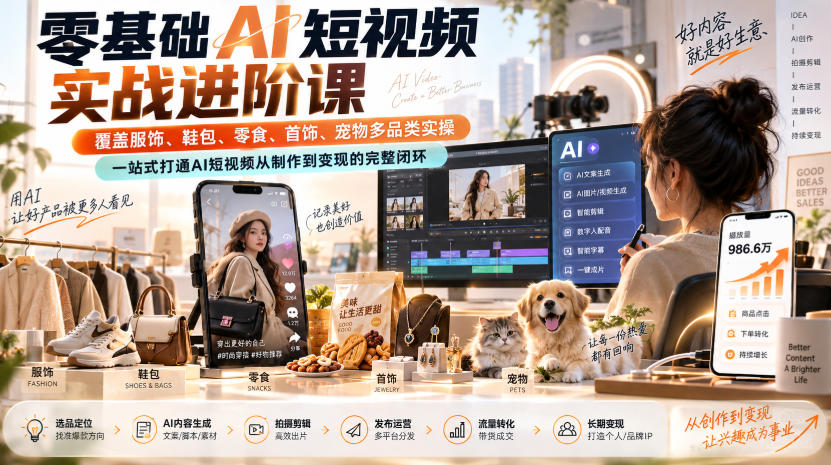零基础AI短视频实战进阶课,覆盖服饰、鞋包、零食、首饰、宠物多品类实操,一站式打通AI短视频从制作到变现的完整闭环-副业网