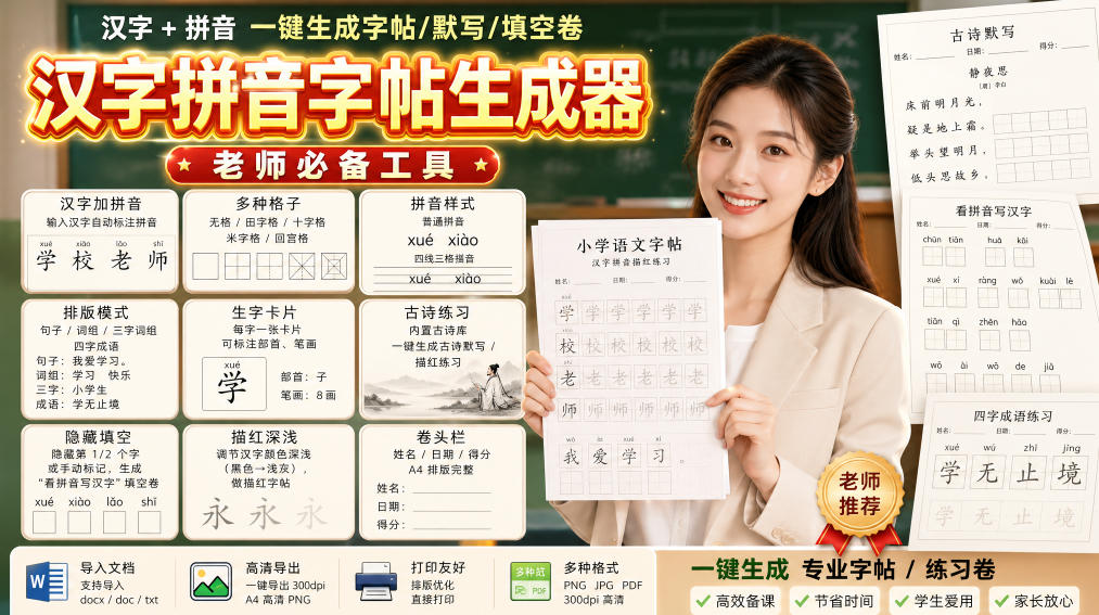 学习神器,汉字拼音字帖生成器,汉字+拼音 一键生成字帖/默写/填空卷,支持词组、成语,老师、家长必备-副业网