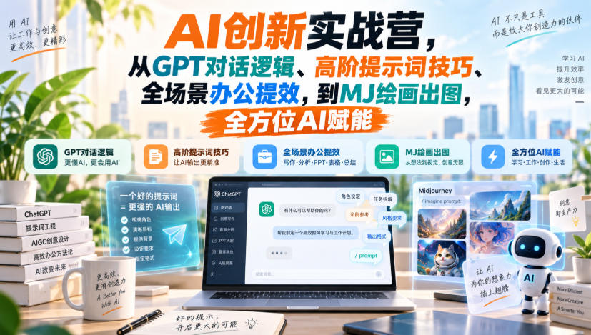 AI创新实战营,从GPT对话逻辑、高阶提示词技巧、全场景办公提效,到MJ绘画出图,全方位AI赋能-副业网