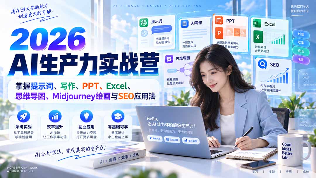 2026AI生产力实战营:掌握提示词、写作、PPT、Excel、思维导图、Midjourney绘画与SEO应用法-副业网