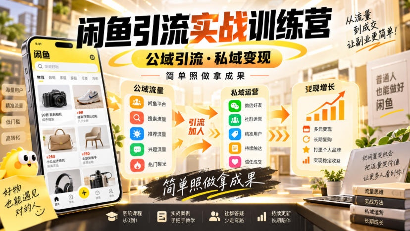 闲鱼引流实战训练营,公域引流·私域变现,简单照做拿成果-副业网