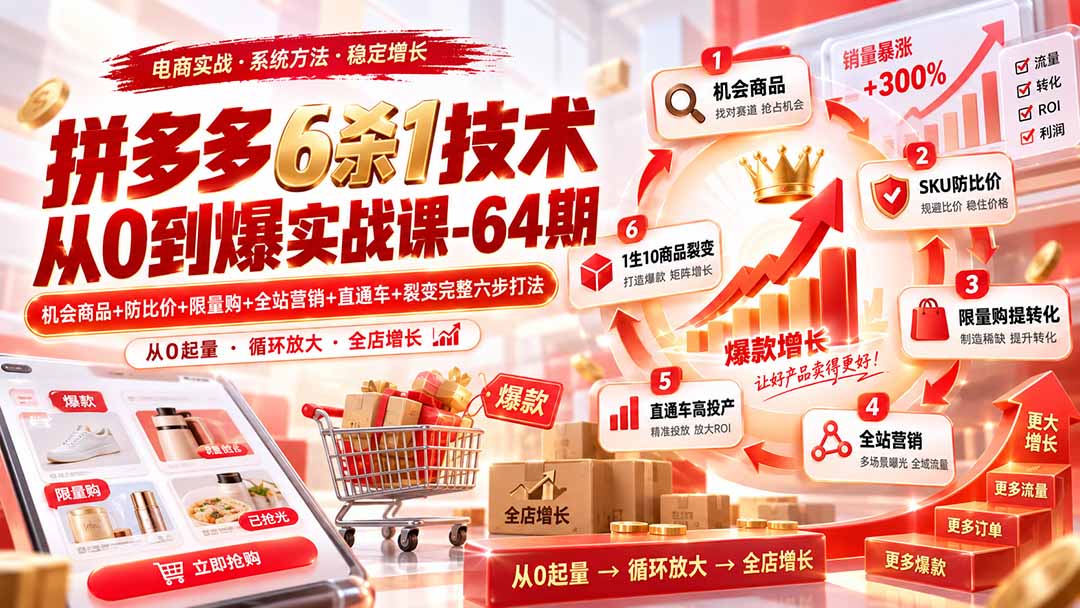 拼多多6杀1技术从0到爆实战课-64期:机会商品+防比价+限量购+全站营销+直通车+裂变完整六步打法-副业网