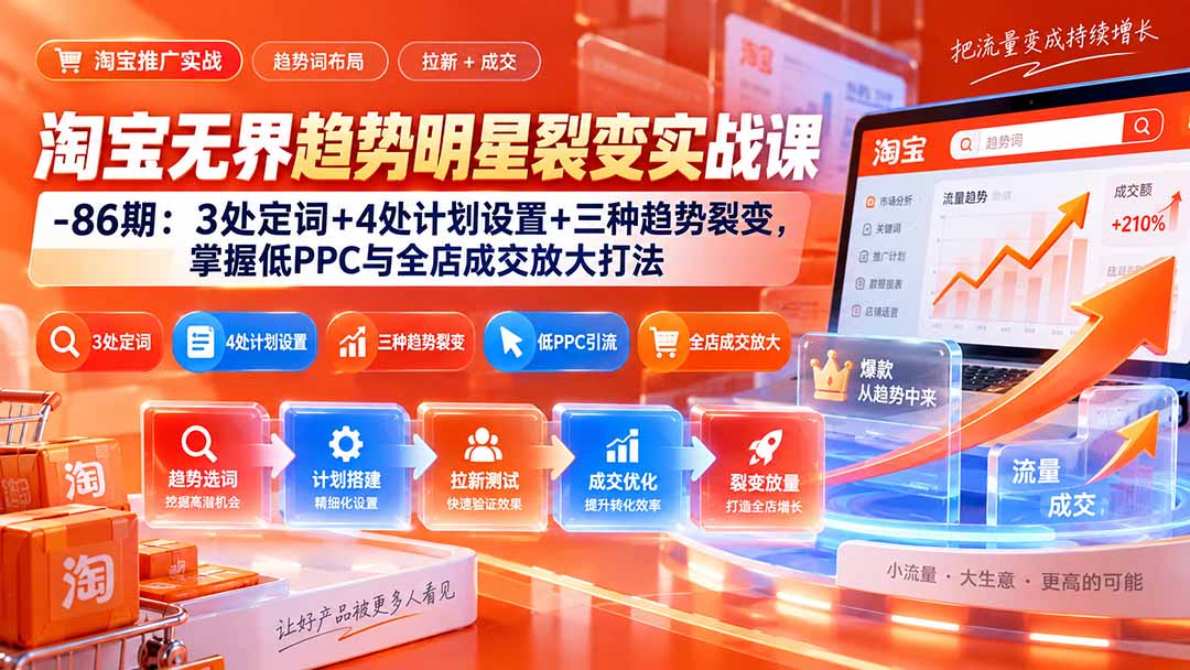 淘宝无界趋势明星裂变实战课-86期:3处定词+4处计划设置+三种趋势裂变,掌握低PPC与全店成交放大打法-副业网