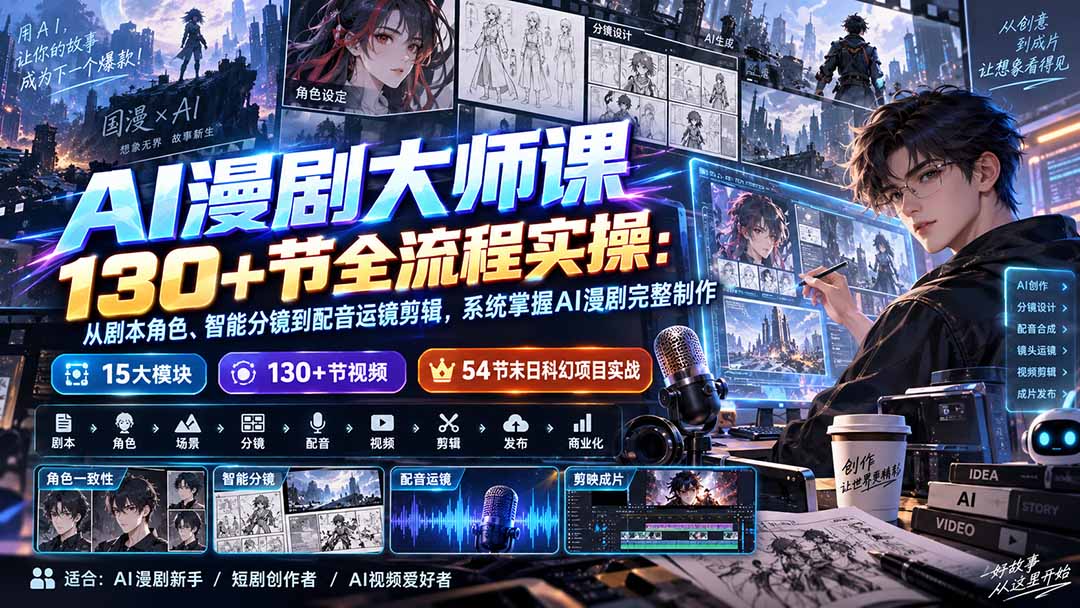 AI漫剧大师课130+节全流程实操:从剧本角色、智能分镜到配音运镜剪辑,系统掌握AI漫剧完整制作-副业网