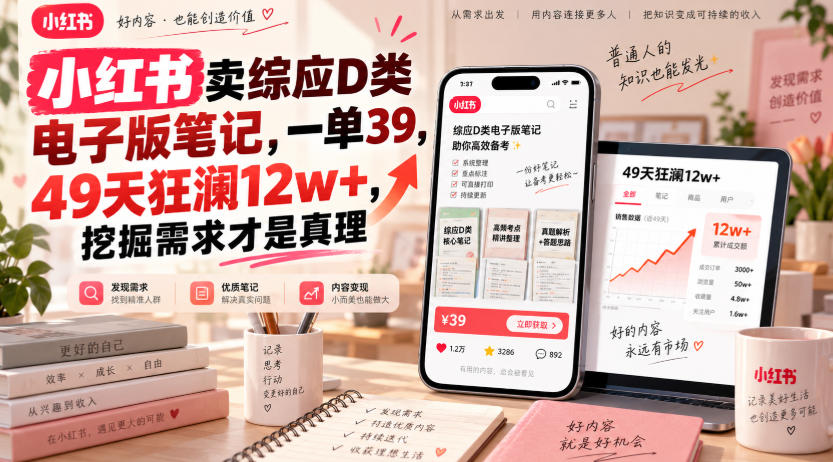 小红书卖综应D类电子版笔记,一单39,49天狂澜12w+,挖掘需求才是真理-副业网
