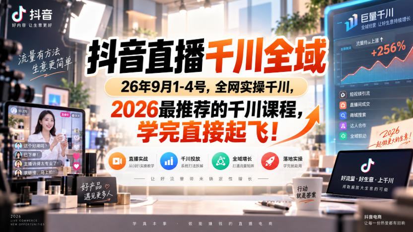 抖音直播千川全域26年9月1-4号,全网实操千川,2026最推荐的千川课程,学完直接起飞!-副业网