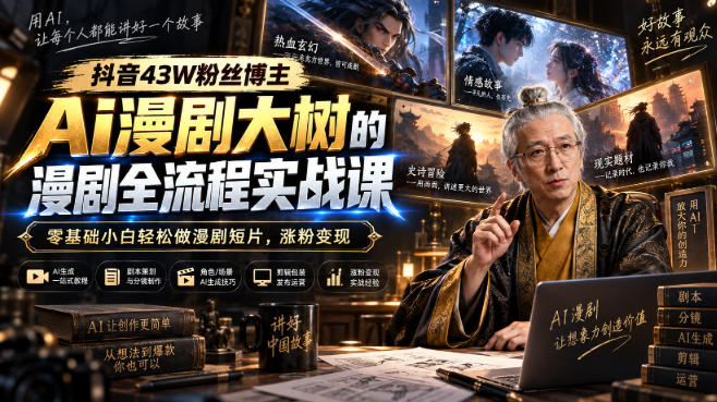 抖音43W粉丝博主Ai漫剧大树的漫剧制作全流程实战课,零基础小白轻松做漫剧短片,涨粉变现-副业网