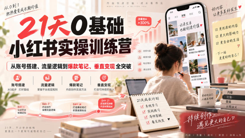21天0基础小红书实操训练营|从账号搭建、流量逻辑到爆款笔记、垂直变现全突破-副业网