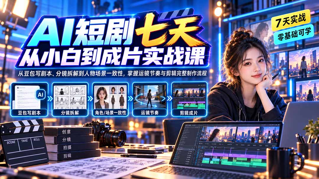 AI短剧七天从小白到成片实战课:从豆包写剧本、分镜拆解到人物场景一致性,掌握运镜节奏与剪辑完整制作流程-副业网