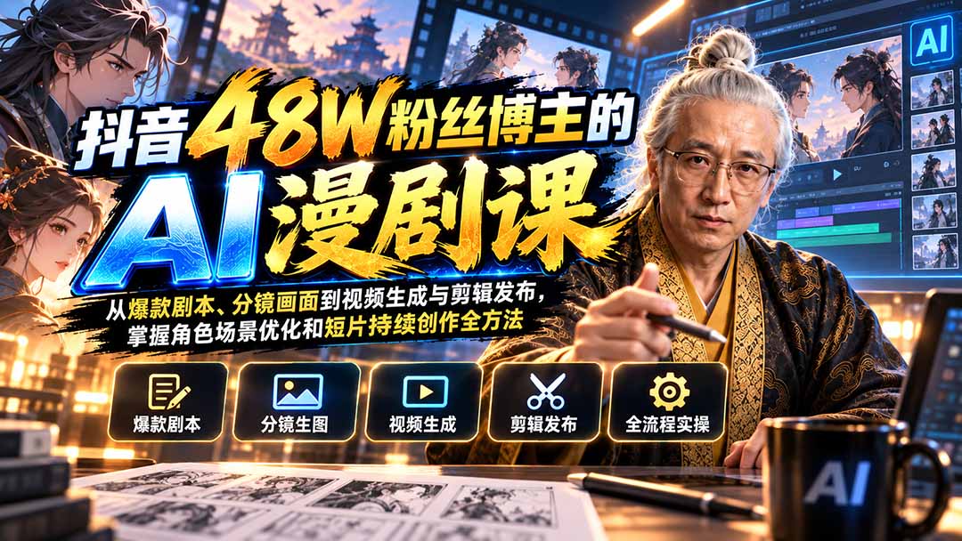 抖音48W粉丝博主的AI漫剧课:从爆款剧本、分镜画面到视频生成与剪辑发布,掌握角色场景优化和短片持续创作全方法-副业网