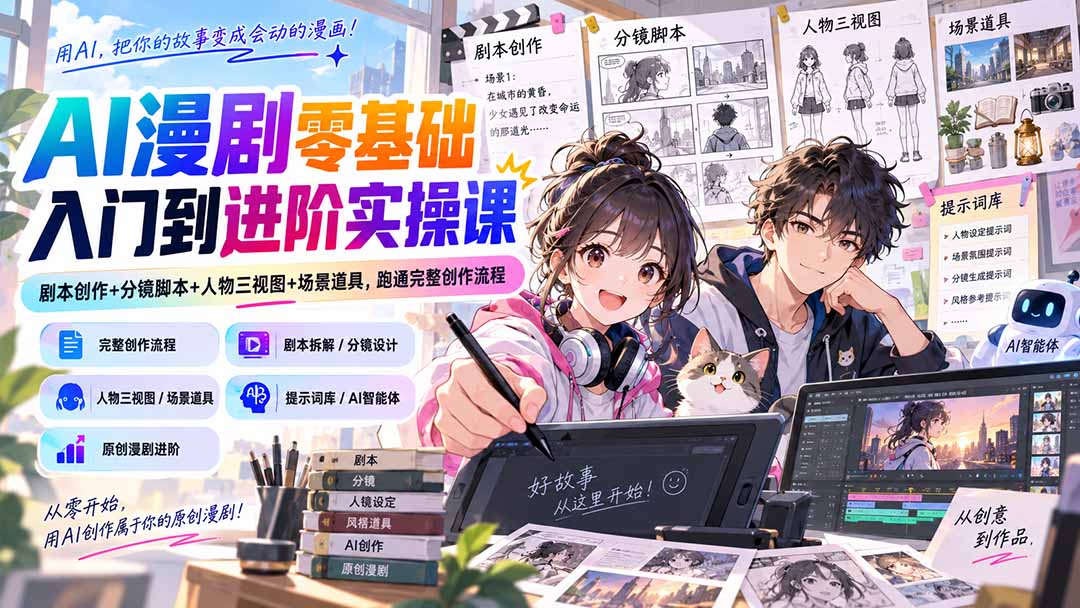 AI漫剧零基础入门到进阶实操课:剧本创作+分镜脚本+人物三视图+场景道具,跑通完整创作流程-副业网