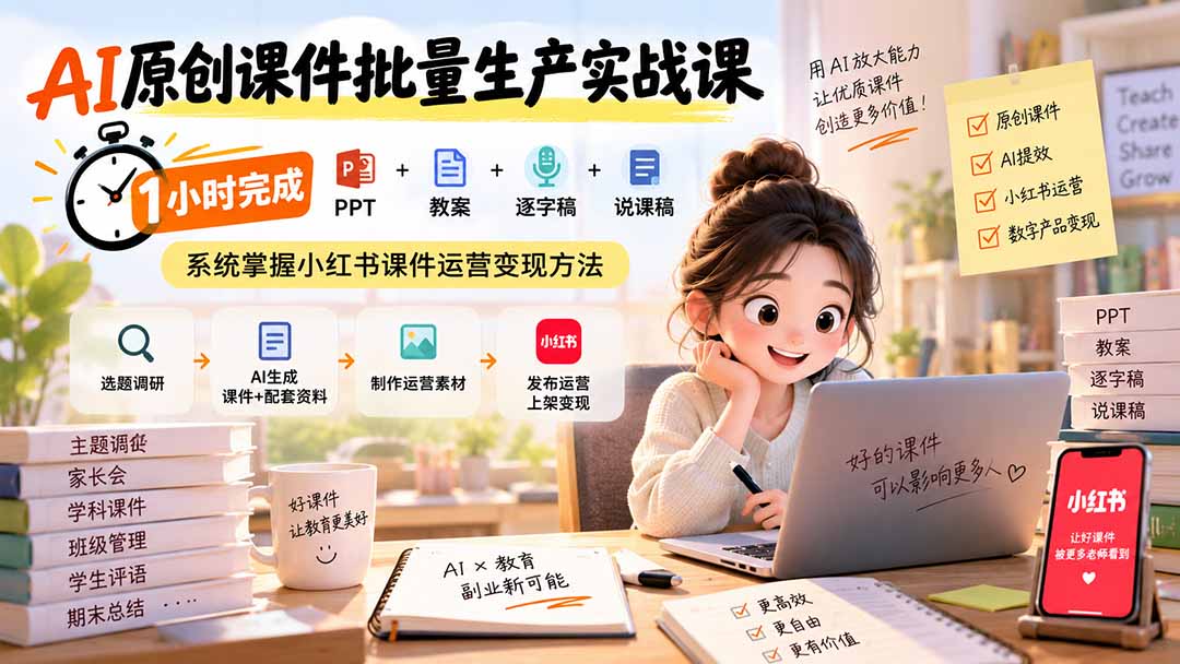 AI原创课件批量生产实战课:1小时完成PPT+教案+逐字稿+说课稿,系统掌握小红书课件运营变现方法-副业网