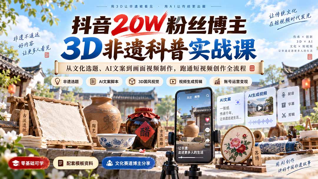 图片[2]-抖音20W粉丝博主3D非遗科普实战课：从文化选题、AI文案到画面视频制作，跑通短视频创作全流程-副业网
