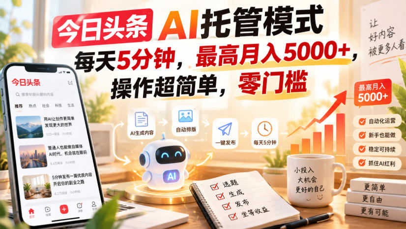 今日头条AI托管模式,每天5分钟,最高月入5000+,操作超简单,零门槛【揭秘】-副业网