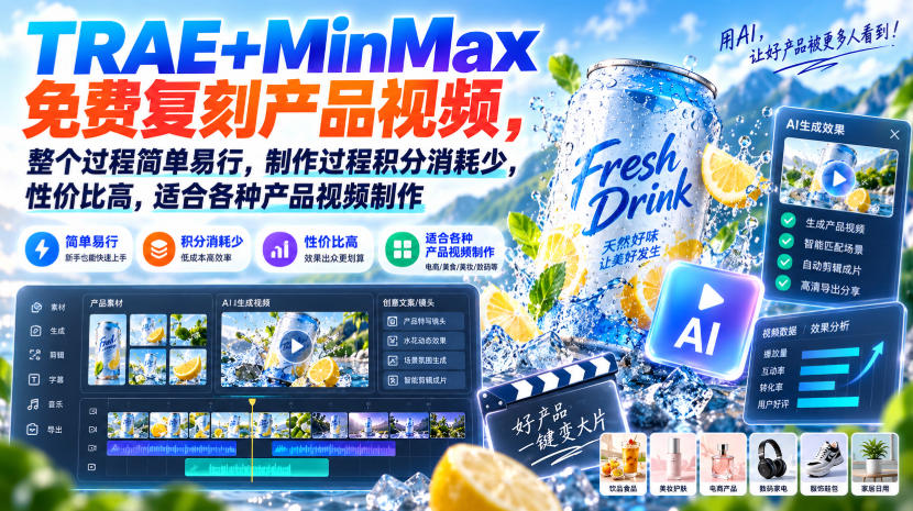 TRAE+MinMax免费复刻产品视频,整个过程简单易行,制作过程积分消耗少,性价比高,适合各种产品视频制作-副业网
