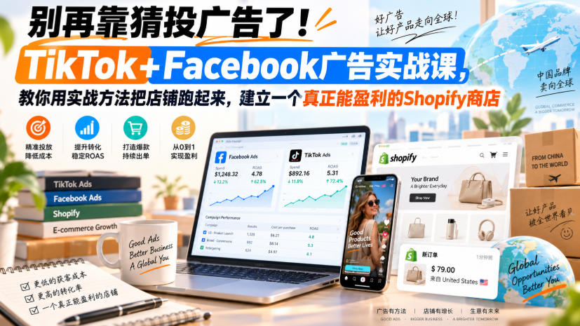 别再靠猜投广告了!TikTok+Facebook广告实战课,教你用实战方法把店铺跑起来,建立一个真正能盈利的Shopify商店【原创双语字幕】-副业网