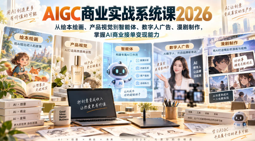 AIGC商业实战系统课2026,从绘本绘画、产品视觉到智能体、数字人广告、漫剧制作,掌握AI商业接单变现能力-副业网