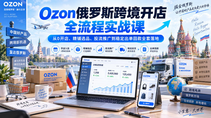 Ozon俄罗斯跨境开店全流程实战课|从0开店、精铺选品、投流推广到稳定出单回款全套落地-副业网