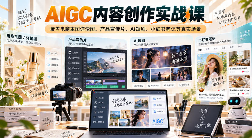 AIGC内容创作实战课,覆盖电商主图详情图、产品宣传片、AI短剧、小红书笔记等真实场景-副业网