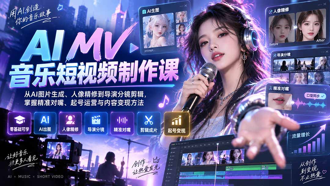 AI MV音乐短视频制作课：从AI图片生成、人像精修到导演分镜剪辑，掌握精准对嘴、起号运营与内容变现方法-副业网