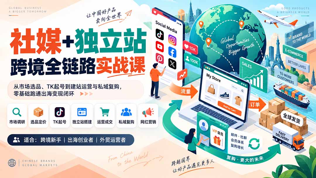 社媒+独立站跨境全链路实战课:从市场选品、TK起号到建站运营与私域复购,零基础跑通出海变现闭环-副业网