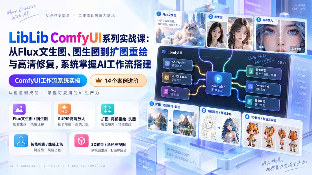 图片[2]-LibLib ComfyUI系列实战课：从Flux文生图、图生图到扩图重绘与高清修复，系统掌握AI工作流搭建-副业网