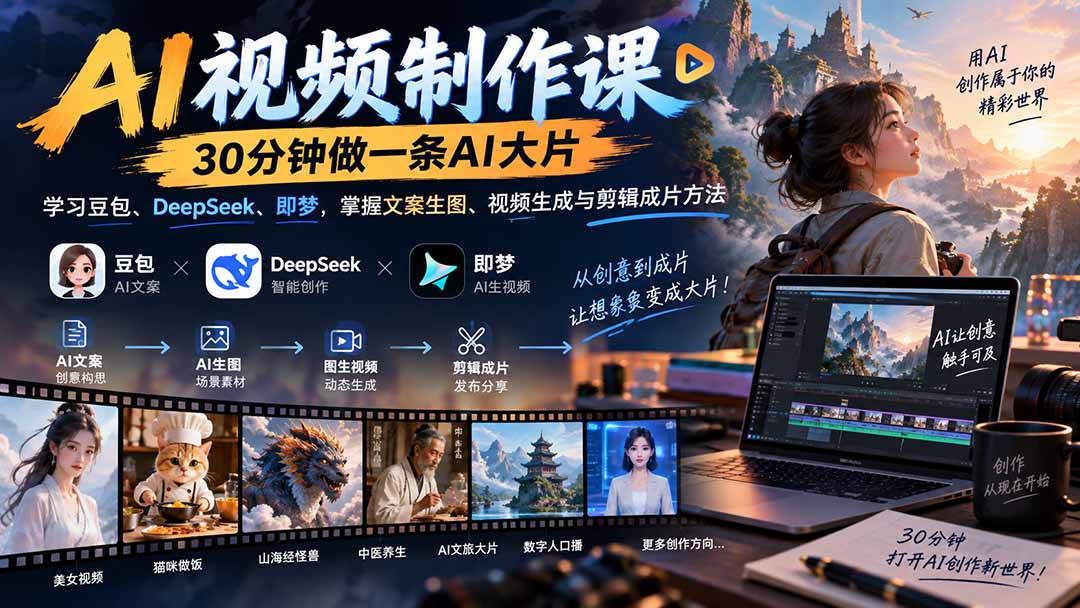 AI视频制作课-30分钟做一条AI大片:学习豆包、DeepSeek、即梦,掌握文案生图、视频生成与剪辑成片方法-副业网