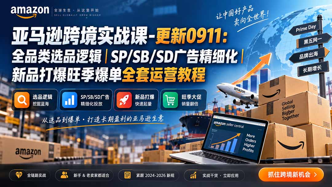 亚马逊跨境实战课-更新0911:全品类选品逻辑|SP/SB/SD广告精细化|新品打爆旺季爆单全套运营教程-副业网