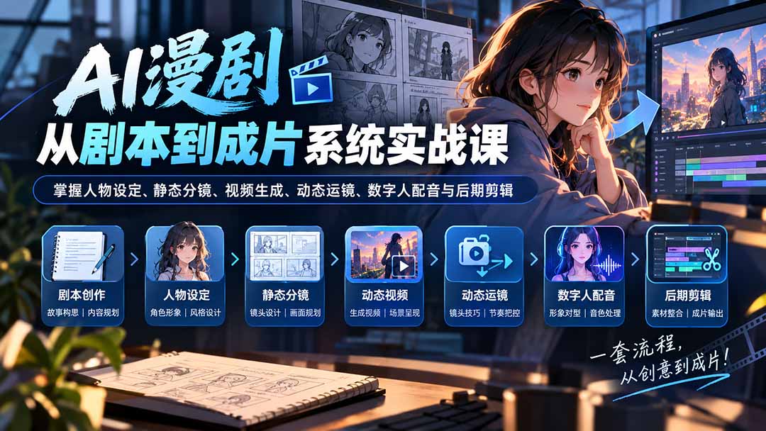 图片[2]-AI漫剧从剧本到成片系统实战课：掌握人物设定、静态分镜、视频生成、动态运镜、数字人配音与后期剪辑-副业网