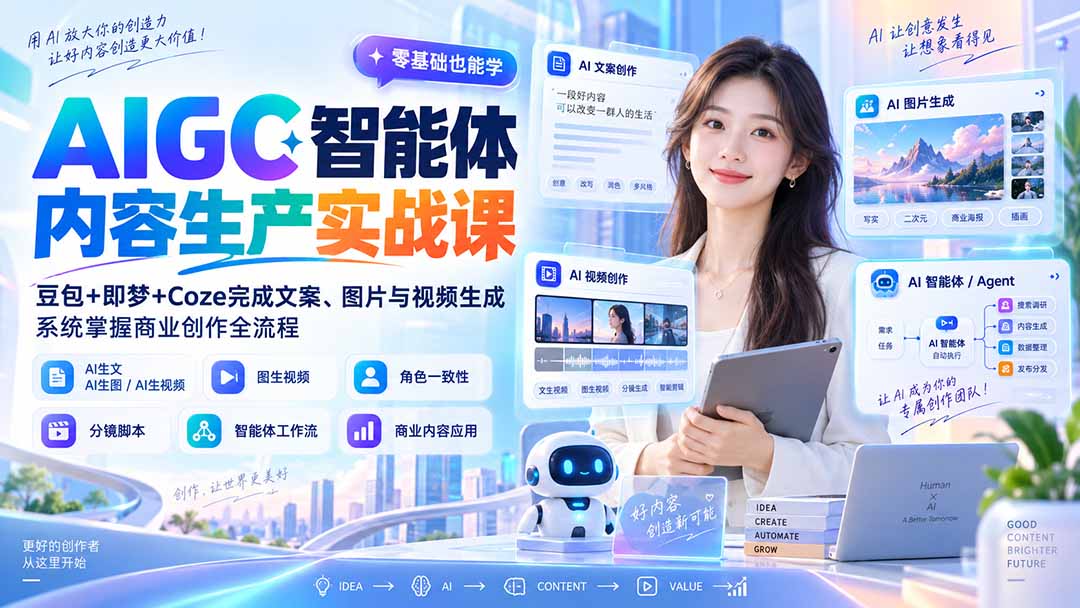 AIGC智能体内容生产实战课:豆包+即梦+Coze完成文案、图片与视频生成,系统掌握商业创作全流程-副业网