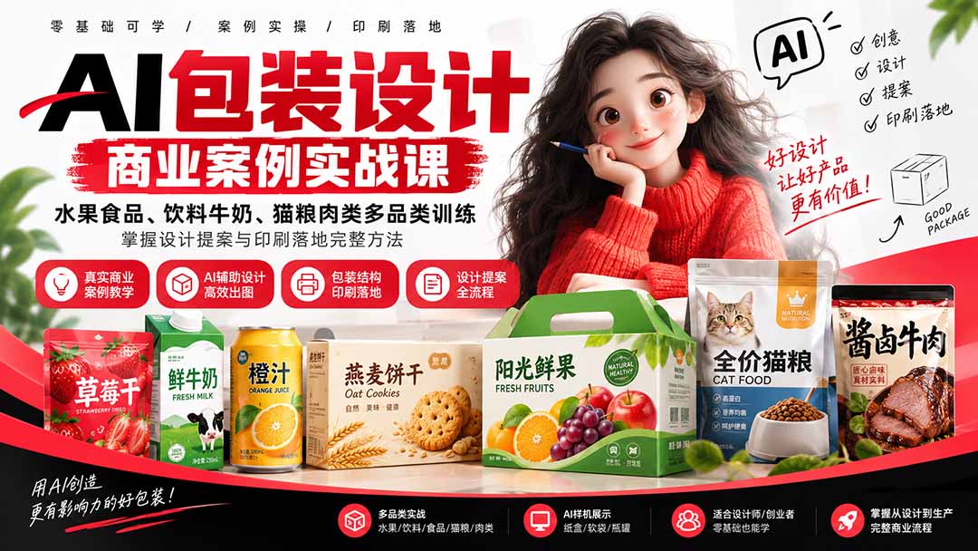 AI包装设计商业案例实战课:水果食品、饮料牛奶、猫粮肉类多品类训练,掌握设计提案与印刷落地完整方法-副业网
