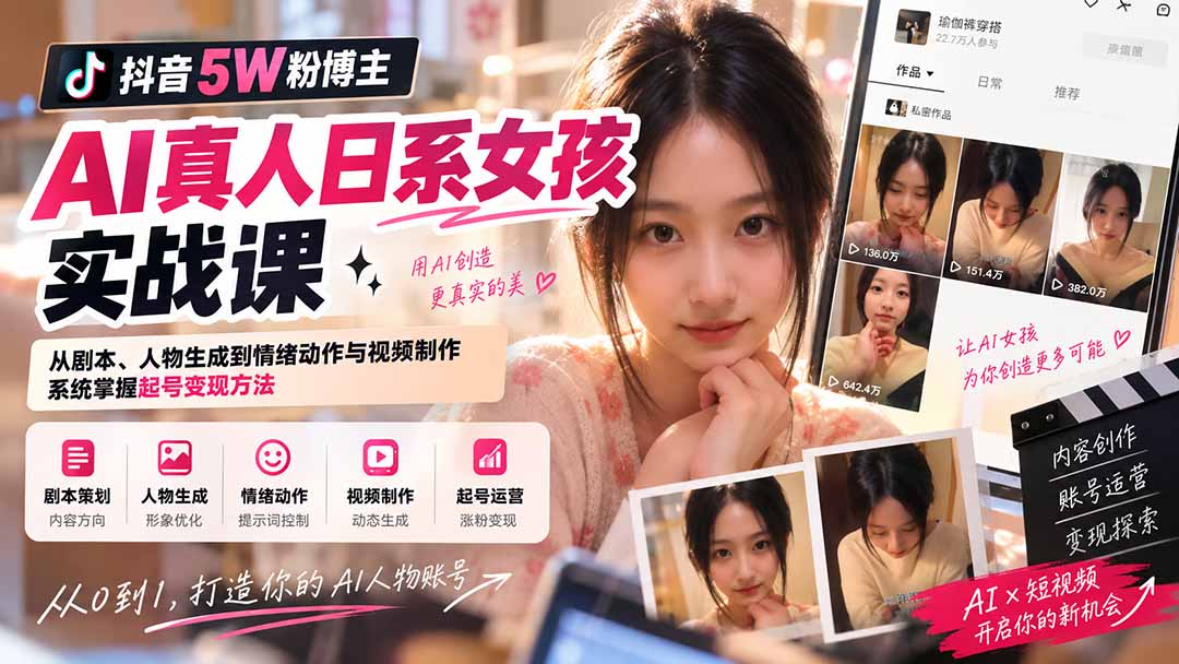 图片[2]-抖音5W粉博主AI真人日系女孩实战课：从剧本、人物生成到情绪动作与视频制作，系统掌握起号变现方法-副业网