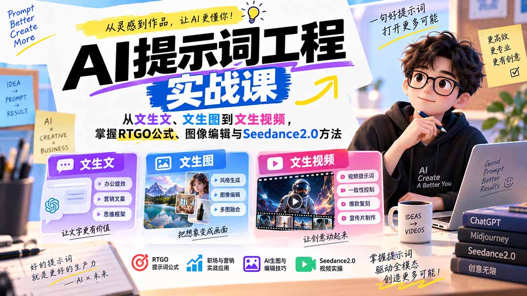 图片[2]-AI提示词工程实战课：从文生文、文生图到文生视频，掌握RTGO公式、图像编辑与Seedance2.0方法-副业网