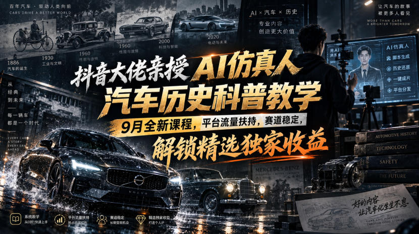 抖音大佬亲授AI仿真人汽车历史科普教学，9月全新课程，平台流量扶持，赛道稳定，解锁精选独家收益-副业网