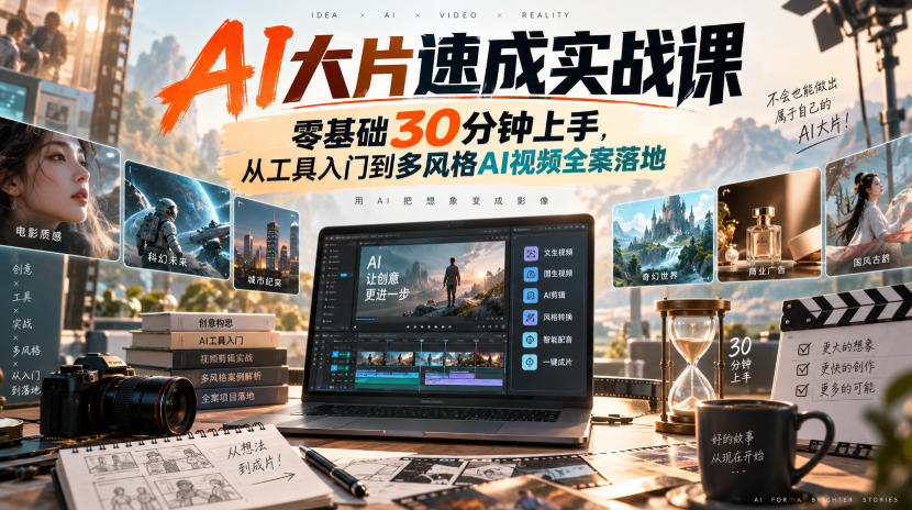 AI大片速成实战课|零基础30分钟上手,从工具入门到多风格AI视频全案落地-副业网