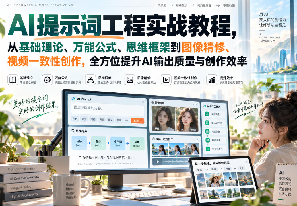 AI提示词工程实战教程,从基础理论、万能公式、思维框架到图像精修、视频一致性创作,全方位提升AI输出质量与创作效率-副业网