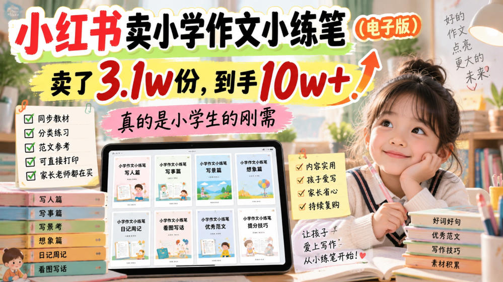 小红书卖小学作文小练笔(电子版),卖了3.1w份,到手10w+,真的是小学生的刚需-副业网