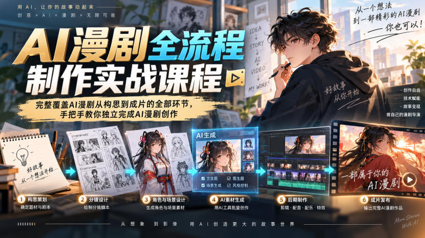 AI漫剧全流程制作实战课程,完整覆盖AI漫剧从构思到成片的全部环节,手把手教你独立完成AI漫剧创作-副业网
